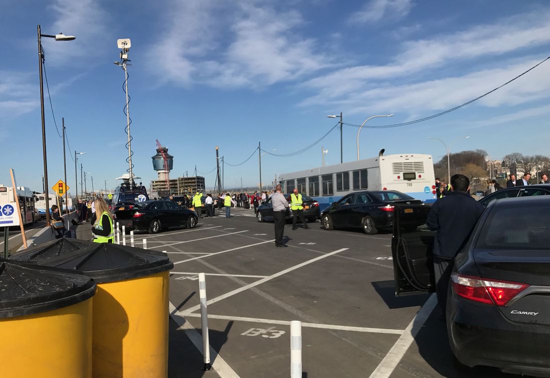 In the "for hire" car service pick-up lot at LaGuardia Airport on April 4, 2017<br>